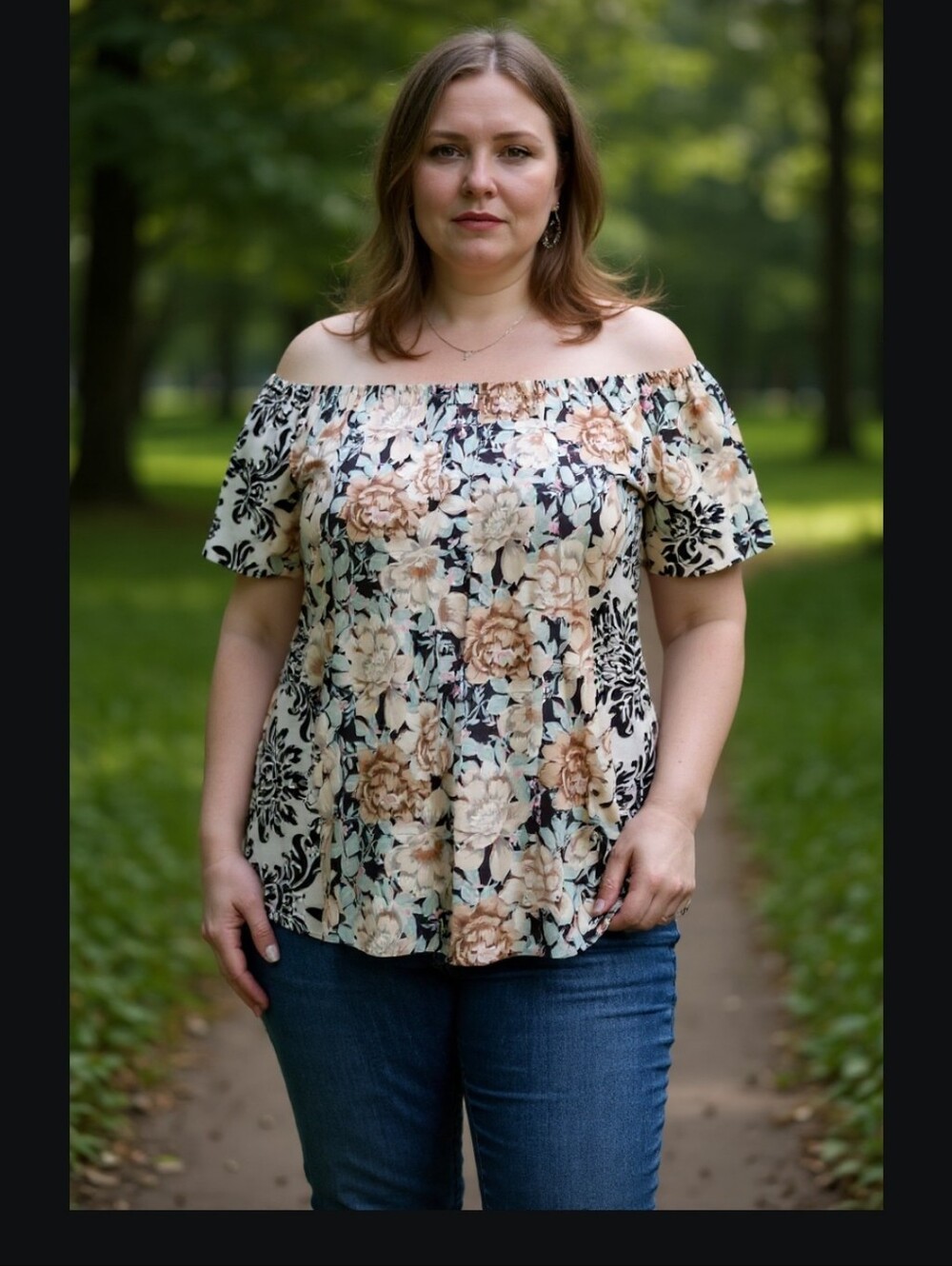 Lovely J Brand Off-Shoulder Floral Peasant Top in Cream and Black EARRINGS INC